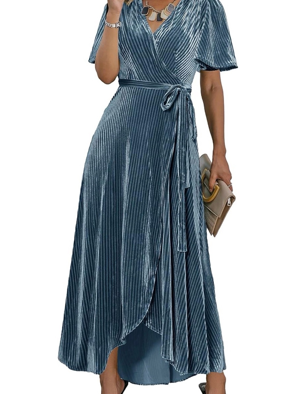 Simplee Apparel Steel Blue Velvet Wrap Maxi Dress
